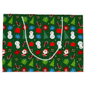 かわいいグリーンクリスマスサンタ&雪だるま柄 ラージペーパーバッグ (裏面)