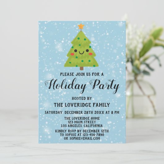 かわいいグリーンクリスマスツリーホリデーパーティーブルースノー 招待状 (スタンド正面)