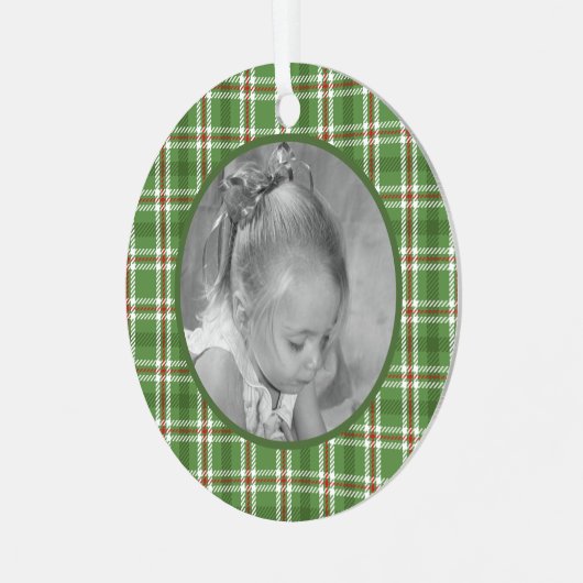 かわいいグリーンクリスマスプレイドホリデーフォトオーナメント メタルオーナメント (正面左)