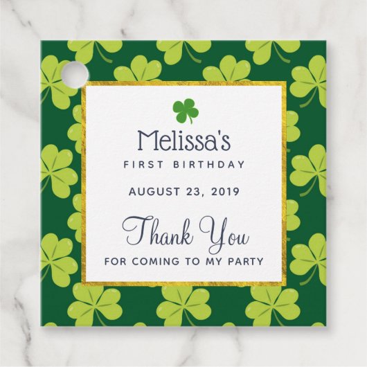 かわいいグリーンクローバーパターン誕生日ありがとう フェイバータグ (正面)