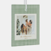 かわいいグリーンジンガムの格子状のカスタム写真クリスマス ガラスオーナメント (正面右)