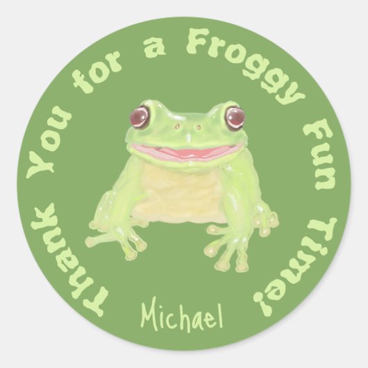 かわいいグリーンツリーカエル – 子供の誕生日ありがとう。 ラウンドシール (正面)