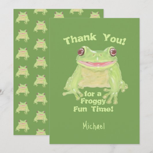 かわいいグリーンツリーカエル – 子供の誕生日パーティー。 サンキューカード (正面/裏面)