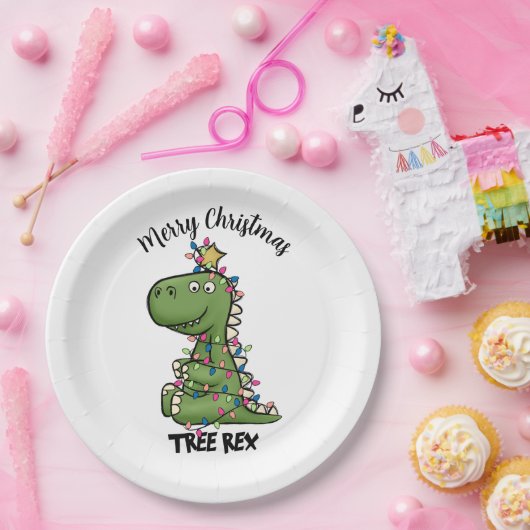かわいいグリーンツリーレックスディノライツメリークリスマス ペーパープレート (パーティー)
