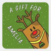 かわいいグリーントナカイ子の名前クリスマスプレゼント スクエアシール (正面)