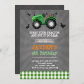 かわいいグリーントラクターの誕生日パーティーの招待 招待状 (正面/裏面)
