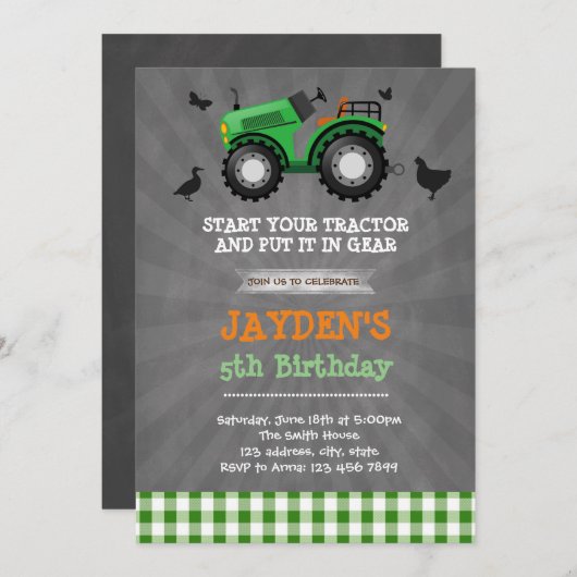 かわいいグリーントラクターの誕生日パーティーの招待 招待状 (正面/裏面)