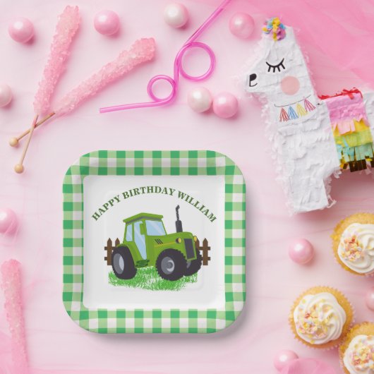 かわいいグリーントラクターバースデーパーティー ペーパープレート (パーティー)