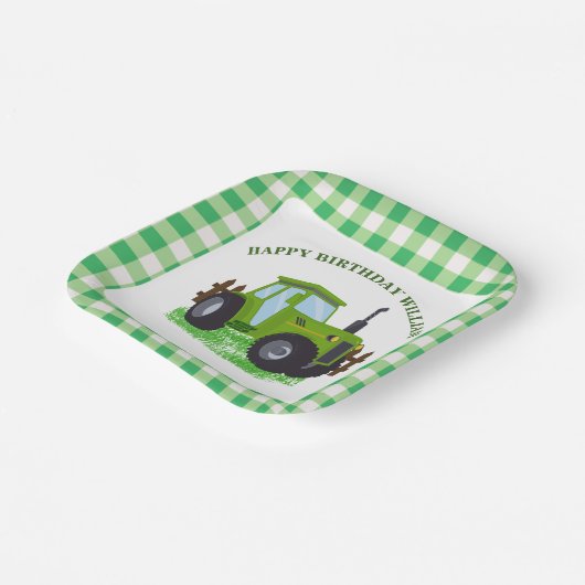 かわいいグリーントラクターバースデーパーティー ペーパープレート (傾斜あり)