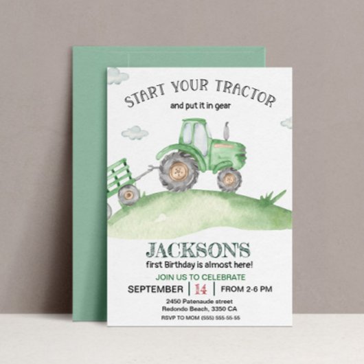 かわいいグリーントラクター1st誕生日の水色 招待状