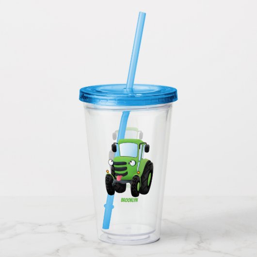 かわいいグリーンハッピーファームトラクター漫画イラストレーション アクリルタンブラー (裏面)