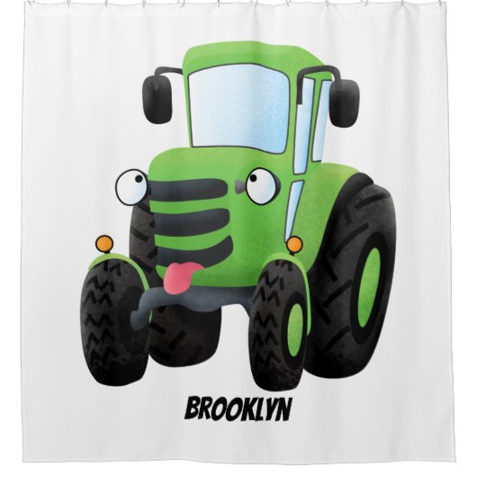 かわいいグリーンハッピーファームトラクター漫画イラストレーション シャワーカーテン (正面)