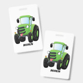 かわいいグリーンハッピーファームトラクター漫画イラストレーション バッジ (Front & Back)