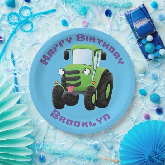 かわいいグリーンハッピーファームトラクター漫画イラストレーション ペーパープレート (パーティー)