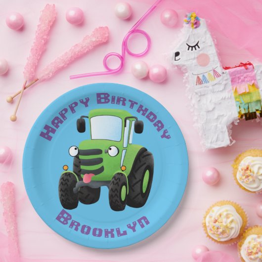 かわいいグリーンハッピーファームトラクター漫画イラストレーション ペーパープレート (パーティー)