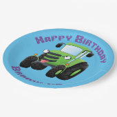 かわいいグリーンハッピーファームトラクター漫画イラストレーション ペーパープレート (アングル)