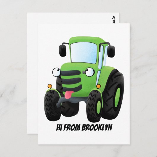 かわいいグリーンハッピーファームトラクター漫画イラストレーション ポストカード (正面/裏面)