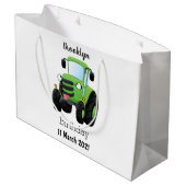 かわいいグリーンハッピーファームトラクター漫画イラストレーション ラージペーパーバッグ (裏面アングル)