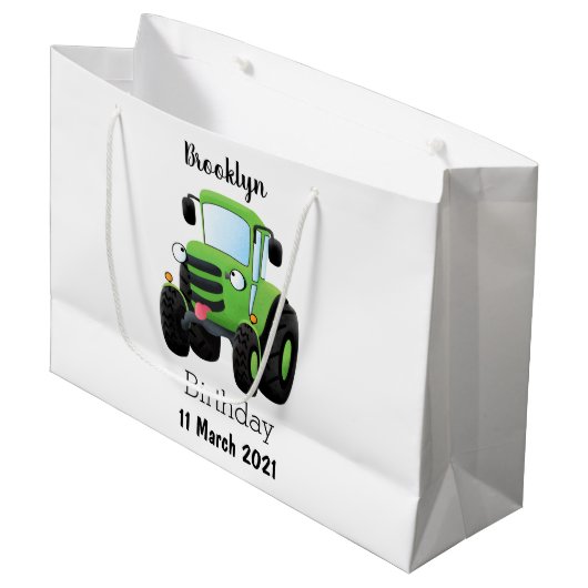 かわいいグリーンハッピーファームトラクター漫画イラストレーション ラージペーパーバッグ (正面アングル)