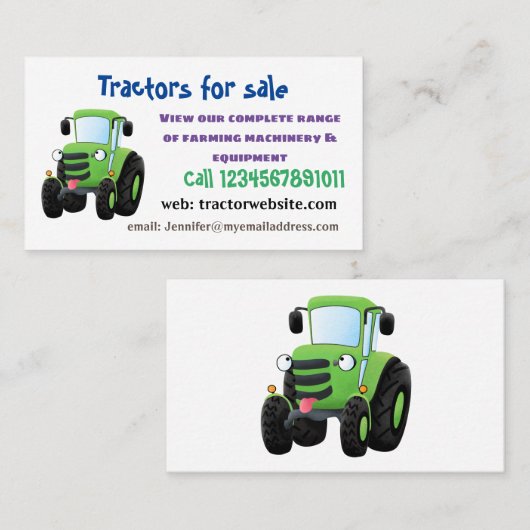 かわいいグリーンハッピーファームトラクター漫画イラストレーション 名刺 (正面/裏面)