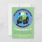 かわいいグリーンハッピーファームトラクター漫画イラストレーション 招待状 (正面)