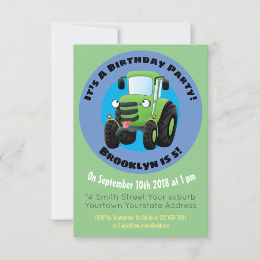 かわいいグリーンハッピーファームトラクター漫画イラストレーション 招待状 (正面)