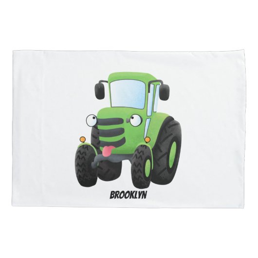 かわいいグリーンハッピーファームトラクター漫画イラストレーション 枕カバー (裏面)