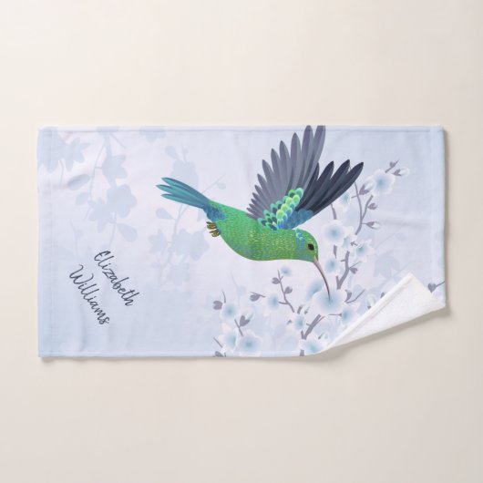 かわいいグリーンハミングバードさくらんぼブロッサム追加の名前 ハンドタオル (ハンドタオル)