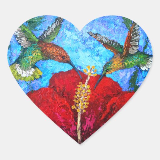 かわいいグリーンハミングバード絵画フローラ ハートシール (正面)