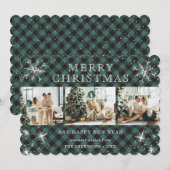 かわいいグリーンバッファロープレイドスノーフレーク3フォトコラージュ シーズンカード (正面/裏面)