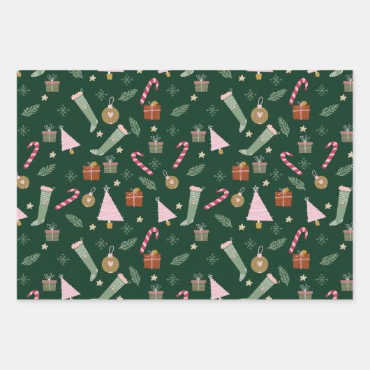 かわいいグリーンパステルウォーターカラークリスマスパターン ラッピングペーパーシート (正面2)