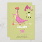 かわいいグリーンピンクダノスクーターガール誕生日 招待状 (正面/裏面)