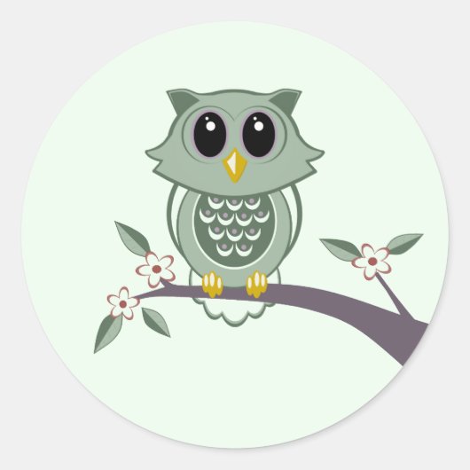 かわいいグリーンフクロウ ラウンドシール (正面)