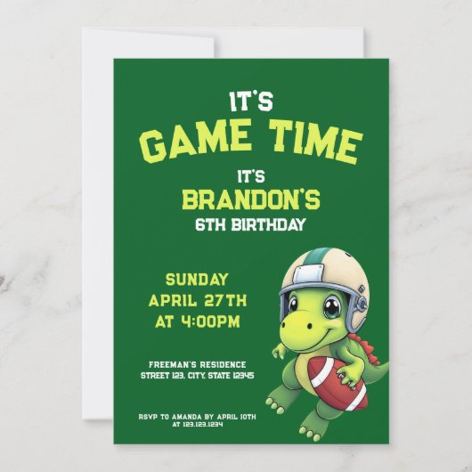 かわいいグリーンフットボール恐竜子供の誕生日 招待状 (正面)