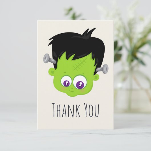 かわいいグリーンフランケンシュタインモンスター顔ハロウィーン サンキューカード (スタンド正面)
