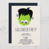 かわいいグリーンフランケンシュタインモンスター顔ハロウィーン 招待状 (正面/裏面)
