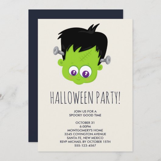 かわいいグリーンフランケンシュタインモンスター顔ハロウィーン 招待状 (正面/裏面)