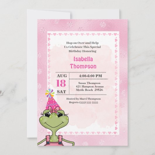 かわいいグリーンフロッグピンクの誕生日パーティーの招待状 招待状 (正面)