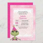 かわいいグリーンフロッグピンクの誕生日パーティーの招待状 招待状 (正面/裏面)