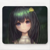 かわいいグリーンブラックヘアマンガガールワイフカワイイアニメ マウスパッド (正面)