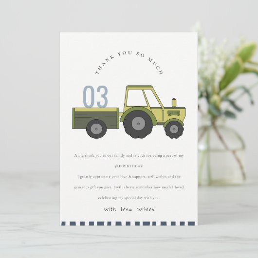 かわいいグリーンブルーファームトラクターキッズ任意の年齢誕生日 サンキューカード (スタンド正面)