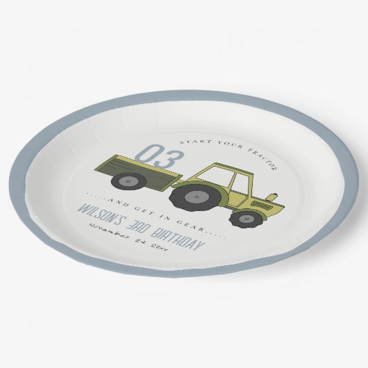 かわいいグリーンブルーファームトラクターキッズ任意の年齢誕生日 ペーパープレート (アングル)