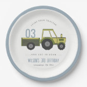 かわいいグリーンブルーファームトラクターキッズ任意の年齢誕生日 ペーパープレート (正面)
