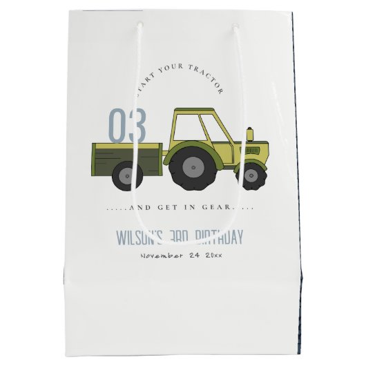 かわいいグリーンブルーファームトラクターキッズ任意の年齢誕生日 ミディアムペーパーバッグ (裏面)