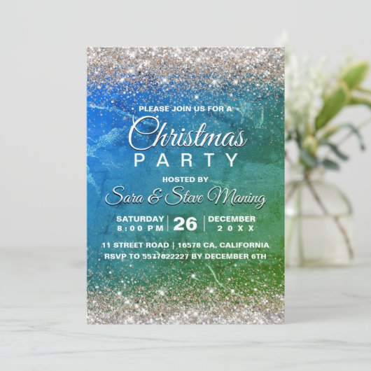 かわいいグリーンブルーフェイク金ゴールドグリッタークリスマス 招待状 (スタンド正面)