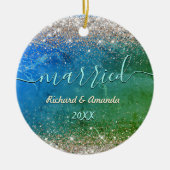 かわいいグリーンブルーフェイク金ゴールドグリッター結婚した セラミックオーナメント (正面)