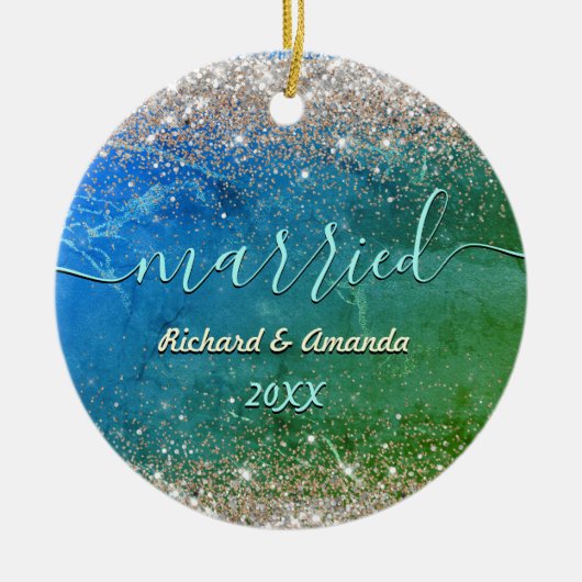 かわいいグリーンブルーフェイク金ゴールドグリッター結婚した セラミックオーナメント (正面)