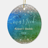 かわいいグリーンブルーフェイク金ゴールドグリッター結婚した セラミックオーナメント (左)