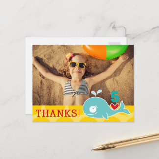 かわいいグリーンホエールガール誕生日写真ありがとう ポストカード