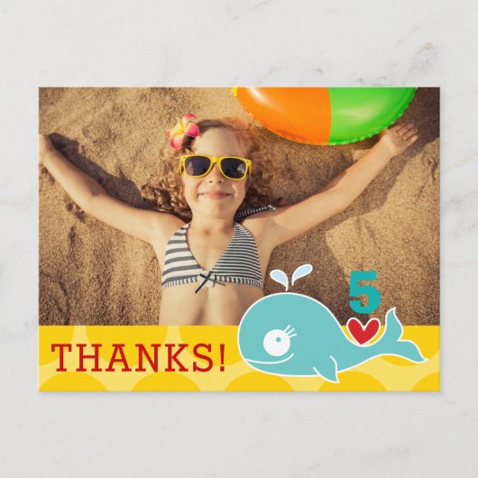 かわいいグリーンホエールガール誕生日写真ありがとう ポストカード (正面)